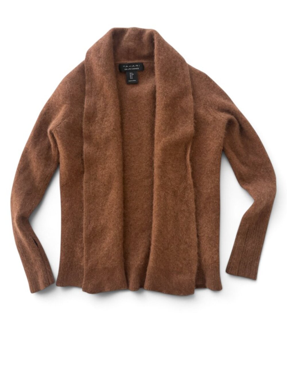Tahari Sz S Women's 100% 2Ply Cashmere Cardigan Brown Sleeve Vents Ribbed Cuff